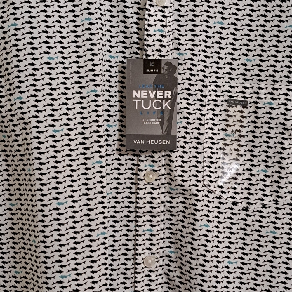 NWT Van Heusen Slim Never Tuck Shark Print Shirt M - Picture 3 of 6
